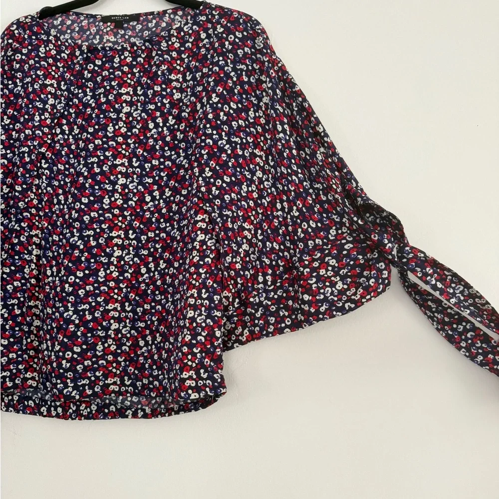 DEREK LAM Navy Blue Poppy Print Silk Jacquard Blouse - Size 4 - Picture 6 of 8